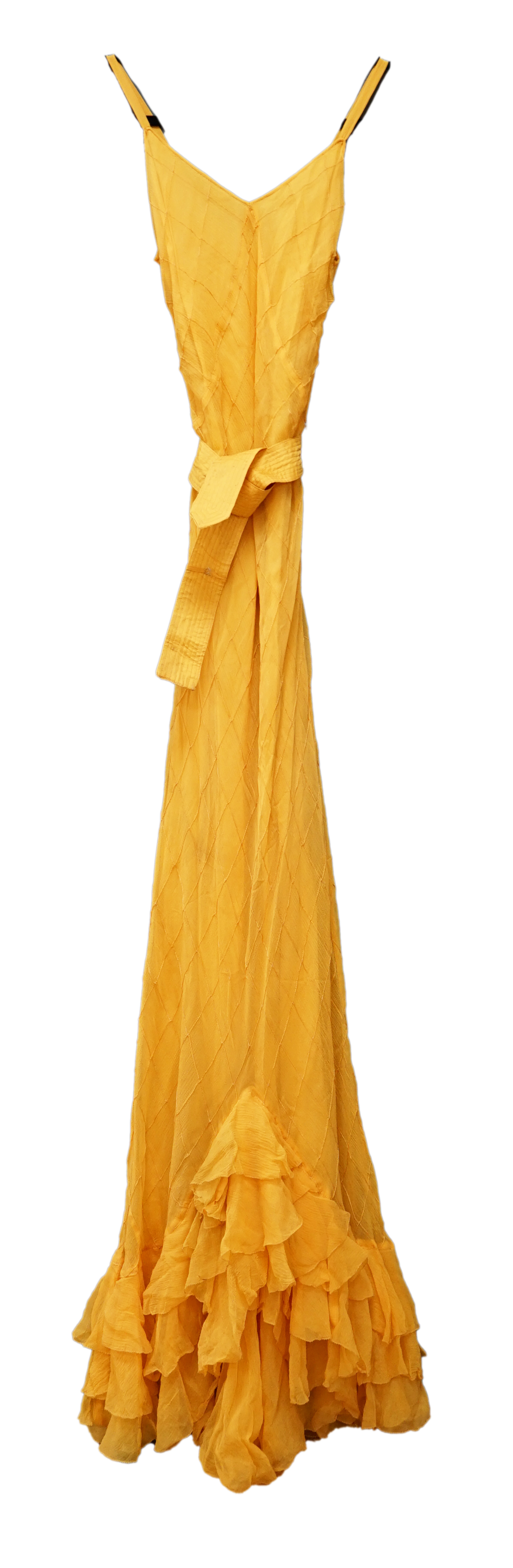 A 1930’s Harrods labelled saffron silk chiffon evening dress and jabot, lined in the same coloured taffeta, the dress kipper shaped with thin camisole straps and the chiffon sewn on the bias in diagonal seams finished wi